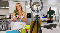 Blonde bombshell Kali Roses is shooting one of her cooking videos, donning a tight dress with tons of cleavage, she knows this video is about to go viral!