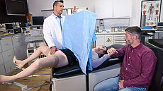 Dr. Nomar examines Riley thoroughly and proceeds to stimulate her pussy to get her ready to become pregnant