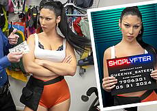 Queenie is a server at a mall’s sports bars. She’s been caught stealing customer wallets and her manager called the cops on her. Security Guard Jack Vegas has her on tape committing the crime, but to make sure he has solid evidence of the crime, she takes her to his office for questioning and fills her up.