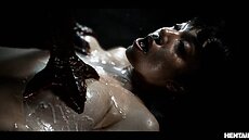 But as she is trying to leave the site, the monster finds her, drags her back through the tunnel and fucks each of her holes...