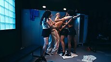 Greta arrives at the locker room, excited to see Matty stripped down and drenched in cum from Shelena and Barbie after being exposed to the transformative formula they refer to as ‘heat gel’.