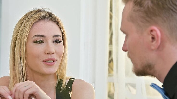 Blonde influencer Rika Fane is getting set up for a live interview with male pornstar, Stanley Johnson. When he arrives they get straight to work and Stanley notices how distracted Rika seems. They chat about Rika s first time giving a blowjob and she decides to put on a demonstration with a glass dildo of her oral skills. Stanley gets hands on and pushes Rika s head down onto her toy, then this naughty nympho makes her move. The camera continues rolling as Rika strips off and sits up on the desk to enjoy some dildo play from Stanley. She bends over and takes his cock in her mouth, deepthroating his shaft and then turns around for a doggystyle pounding! Their podcast certainly gains a lot of followers as Rika continues to get fucked and moves between her pussy and mouth to pleasure Stanley! After they move into the bedroom, Rika gets slammed even harder and turns around just in time to take a messy facial!