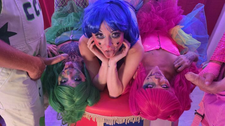 Roll up roll up its time to enjoy the show!  And joining the pink and the green cock crazed clowns on stage from the audience is Lily Kink!  Watch as this very kinky slut becomes clowns and take on this filthy four in the ultimate fuck fest orgy in town