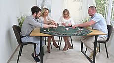 After fucking their colleagues in separate rooms, hot blondes Shalina Devine and Alexa Flexy meet up in the lounge to play a cheeky game of strip poker with their colleagues, Yanick and Alex. Shalina notices that Alexa s hair is a little disheveled, and realises what s been happening behind closed doors. They start to play and as both hotties start to strip, things turn sexual very quickly! They suck and fuck both colleagues, working together to pleasure Alex orally while Shalina takes a doggystyle fucking from Yanick. They move into the bedroom where both babes get their pussies and asses filled with dick and take turns to experience both guys at once in some heated DP action! This wild foursome ends with Shalina and Alexa sharing mouthfuls of cum. Will this improve productivity for the rest of the seminar?